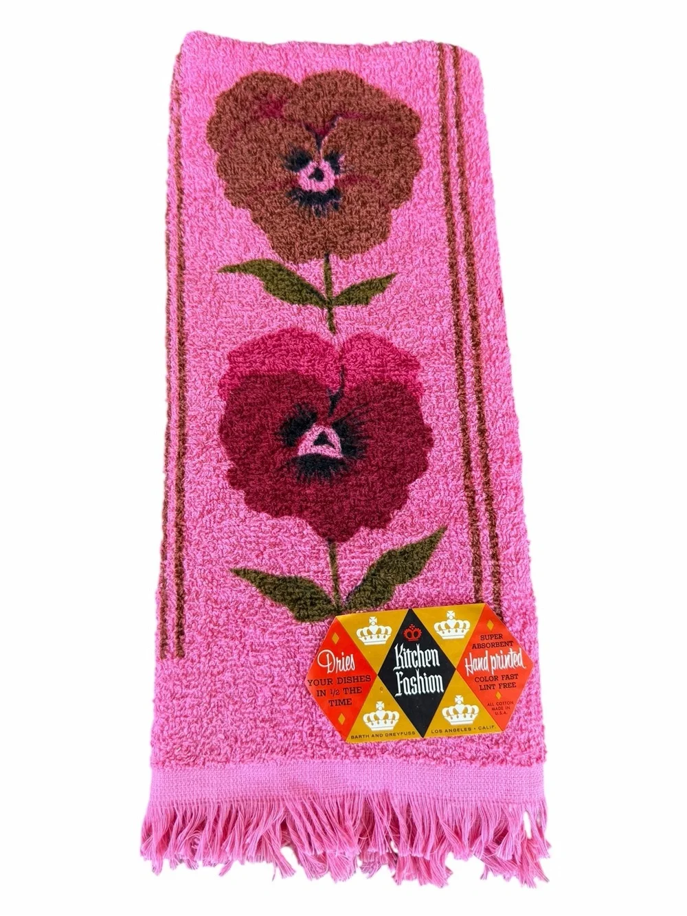 Vintage Canon Hot Pink Floral Fringed Kitchen Towel NOS 100% Cotton USA 17x30